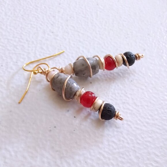 Mixed Gemstones ~ Wire Wrapped Scepter Earrings! Unique + Colorful Fall Danglers - Picture 2 of 6